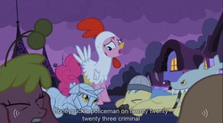 Size: 1279x704 | Tagged: safe, screencap, pinkie pie, g4, luna eclipsed, chicken suit, clothes, youtube caption