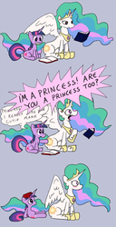 Size: 512x998 | Tagged: safe, artist:tifu, princess celestia, twilight sparkle, alicorn, pony, unicorn, g4, blushing, butt touch, comic, cute, cutie mark, duo, embarrassed, ethereal mane, female, gray background, i'm a princess are you a princess too?, mare, poking, simple background, sitting, sunbutt, toylestia, unicorn twilight