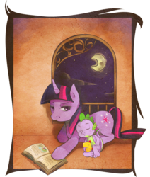 Size: 764x900 | Tagged: safe, artist:sunstice, peewee, spike, twilight sparkle, dragon, pony, unicorn, g4, book, female, male, mare, moon, sleeping