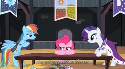 Size: 1280x705 | Tagged: safe, screencap, pinkie pie, rainbow dash, rarity, g4, youtube caption