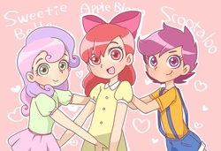 Size: 661x451 | Tagged: safe, artist:moyori, artist:もより, apple bloom, scootaloo, sweetie belle, human, g4, adorabloom, cute, cutealoo, cutie mark crusaders, diasweetes, heart, humanized, pink background, pixiv, simple background, suspenders, trio