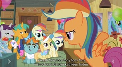 Size: 1280x705 | Tagged: safe, edit, edited screencap, screencap, alula, bon bon, noi, pluto, rainbow dash, scootaloo, snails, snips, sweetie drops, written script, earth pony, pegasus, pony, unicorn, g4, the mysterious mare do well, butt, caption, colt, fan club, female, filly, foal, male, plot, sitting, text, youtube caption