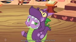 Size: 1279x705 | Tagged: safe, screencap, spike, g4, luna eclipsed, clothes, costume, dragon costume, dragonception, golden oaks library, nightmare night costume, youtube caption