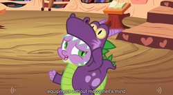 Size: 1279x705 | Tagged: safe, screencap, spike, g4, luna eclipsed, my little pony: friendship is magic, clothes, costume, dragon costume, dragonception, golden oaks library, nightmare night costume, youtube caption