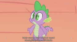 Size: 1280x705 | Tagged: safe, screencap, spike, dragon, g4, my little pony: friendship is magic, season 2, the return of harmony, baby, baby dragon, golden oaks library, green eyes, male, purple scales, purple skin, slit pupils, solo, wide eyes, youtube, youtube caption