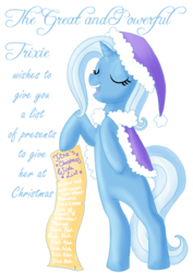 Size: 1240x1754 | Tagged: safe, artist:valkyrieskies, trixie, pony, unicorn, g4, christmas, eyes closed, female, holiday, list, mare, rearing, scroll, simple background, smiling, solo, transparent background