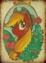 Size: 1145x1559 | Tagged: safe, artist:valkyrieskies, applejack, earth pony, pony, g4, female, obligatory apple, solo, traditional art