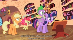 Size: 1279x705 | Tagged: safe, screencap, apple bloom, applejack, spike, twilight sparkle, dragon, pony, g4, my little pony: friendship is magic, the cutie pox, dragons riding ponies, female, filly, foal, golden oaks library, mare, riding, youtube caption