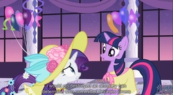 Size: 1280x704 | Tagged: safe, screencap, rarity, twilight sparkle, unicorn, g4, balloon, canterlot, checkered floor, clothes, duo, duo female, female, flower, hat, horn, looking at each other, looking at someone, mare, pillar, window, youtube caption