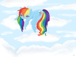 Size: 1400x1050 | Tagged: safe, artist:valkyrieskies, rainbow dash, pegasus, pony, g4, cloud, female, lying down, lying on a cloud, on a cloud, solo