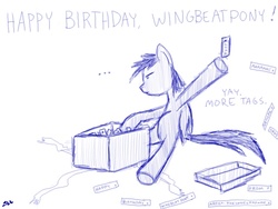 Size: 800x600 | Tagged: safe, artist:thelonelampman, oc, oc only, oc:wingbeat, pegasus, pony, ..., birthday, box, exploitable meme, frown, hoof hold, male, present, simple background, sketch, stallion, tags, throwing, unamused, underhoof, white background