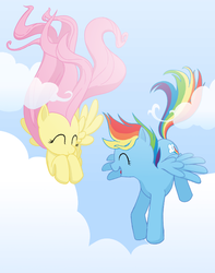 Size: 600x761 | Tagged: safe, artist:tintinabar, fluttershy, rainbow dash, pegasus, pony, g4, cloud, duo, eyes closed, facing each other, female, flying, mare, open mouth, open smile, outdoors, sky, sky background, smiling, spread wings, windswept mane, wings