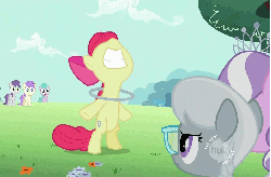 Size: 955x628 | Tagged: safe, screencap, alula, apple bloom, aura (g4), diamond tiara, pluto, silver spoon, tornado bolt, earth pony, pony, g4, season 2, the cutie pox, animated, bipedal, cinemagraph, cropped, fake cutie mark, female, filly, glasses, hub logo, loop, loop-de-hoop, nose in the air