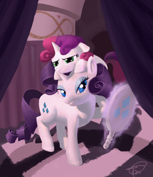 Size: 1152x1341 | Tagged: safe, artist:tm, rarity, sweetie belle, pony, unicorn, g4, duo, duo female, female, filly, hat, mare, mirror, ponies riding ponies, pony hat, riding, sisters, sweetie belle riding rarity, sweetiehat