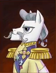 Size: 1250x1637 | Tagged: safe, screencap, earth pony, pony, g4, mmmystery on the friendship express, my little pony: friendship is magic, bust, clothes, cropped, frown, glare, medal, moustache, needs more jpeg, profile, serious, sir pony ponee (character), solo, uniform