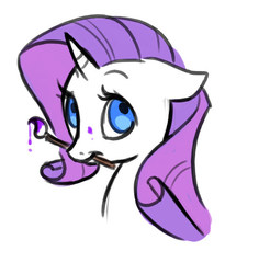 Size: 489x519 | Tagged: artist needed, source needed, safe, rarity, pony, g4, bust, female, floppy ears, looking at you, mouth hold, paintbrush, portrait, simple background, smiling, solo