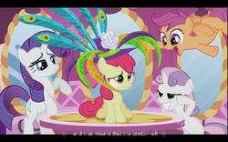 Size: 640x400 | Tagged: safe, screencap, apple bloom, rarity, scootaloo, sweetie belle, g4, my little pony: friendship is magic, the cutie pox, carousel boutique, cutie mark crusaders, hub logo, meme, youtube caption