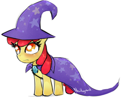 Size: 800x643 | Tagged: safe, artist:newvagabond, apple bloom, earth pony, pony, g4, blushing, cape, clothes, cosplay, female, hat, signature, solo, the great and powerful, trixie's cape, trixie's hat