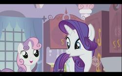 Size: 640x400 | Tagged: safe, screencap, rarity, sweetie belle, pony, unicorn, g4, sisterhooves social, belle sisters, horn, hub logo, siblings, sisters, youtube caption