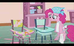 Size: 640x400 | Tagged: safe, screencap, pinkie pie, earth pony, pony, baby cakes, g4, bipedal, frown, hub logo, upset, youtube caption