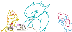 Size: 840x384 | Tagged: safe, artist:weaver, carrot cake, cup cake, oc, oc:gilou, g4, cake, flirting, monster, monstro village, simple background, white background