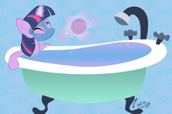 Size: 900x595 | Tagged: safe, artist:newvagabond, twilight sparkle, pony, unicorn, g4, bath, bath bomb, bathtub, claw foot bathtub, eyes closed, female, glowing horn, happy, horn, lush, magic, mare, mud mask, solo, telekinesis, unicorn twilight