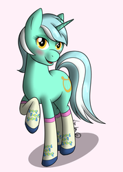 Size: 1076x1506 | Tagged: dead source, safe, artist:itsuko103, lyra heartstrings, pony, unicorn, g4, blushing, bon bon's cutie mark, clothes, horn, implied lesbian, implied lyrabon, implied shipping, looking at you, open mouth, raised hoof, simple background, socks, solo, white background