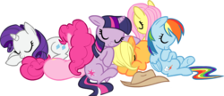 Size: 1000x433 | Tagged: safe, artist:naroclie, applejack, fluttershy, pinkie pie, rainbow dash, rarity, twilight sparkle, earth pony, pegasus, pony, unicorn, g4, cuddle puddle, female, mane six, mare, simple background, sleep pile, sleeping, transparent background, unicorn twilight