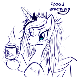 Size: 1024x1024 | Tagged: safe, artist:snus-kun, princess luna, pony, g4, bed mane, coffee, female, morning ponies, solo