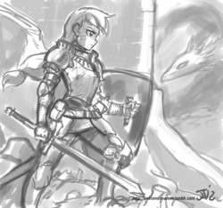 Size: 1280x1200 | Tagged: safe, artist:johnjoseco, applejack, dragon, human, g4, armor, fantasy class, female, grayscale, humanized, monochrome, shield, solo, sword, weapon