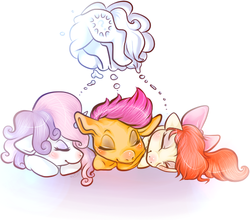 Size: 511x450 | Tagged: safe, artist:volae, apple bloom, scootaloo, sweetie belle, g4, cutie mark crusaders, dream, sleeping