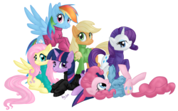 Size: 1680x1050 | Tagged: safe, artist:pony-spiz, applejack, fluttershy, pinkie pie, rainbow dash, rarity, twilight sparkle, earth pony, pegasus, pony, unicorn, g4, bottomless, clothes, female, horn, looking at you, mane six, mare, partial nudity, simple background, sweater, sweatershy, transparent background