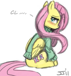 Size: 600x643 | Tagged: safe, artist:johnjoseco, fluttershy, pegasus, pony, g4, blushing, clothes, cute, female, looking back, shyabetes, signature, simple background, sitting, solo, sweater, sweatershy, white background