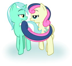 Size: 1213x1116 | Tagged: safe, artist:krekka01, bon bon, lyra heartstrings, sweetie drops, earth pony, pony, unicorn, g4, female, lesbian, looking at each other, mare, ship:lyrabon, shipping, simple background, tail bite, transparent background