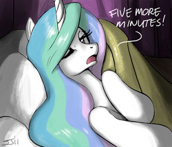 Size: 900x771 | Tagged: safe, artist:johnjoseco, princess celestia, alicorn, pony, g4, beautiful, bed, blanket, curtains, female, mare, morning ponies, one eye closed, open mouth, pillow, solo, talking