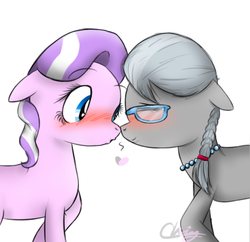 Size: 751x726 | Tagged: safe, artist:pinkie321pie, diamond tiara, silver spoon, earth pony, pony, g4, blushing, cute, female, floppy ears, glasses, lesbian, missing accessory, ship:silvertiara, shipping, signature