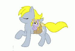 Size: 947x645 | Tagged: artist needed, source needed, safe, derpy hooves, dinky hooves, pegasus, pony, g4, animated, equestria's best mother, eyes closed, female, happy, mare, saddle bag, trotting