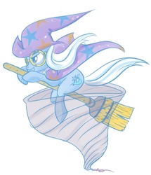 Size: 565x658 | Tagged: safe, artist:bunnimation, trixie, pony, unicorn, g4, broom, female, flying, flying broomstick, goggles, mare, open mouth, simple background, smiling, solo, tornado, white background