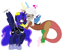 Size: 900x716 | Tagged: dead source, safe, artist:jaquelindreamz, discord, princess luna, alicorn, draconequus, pony, g4, armor, blushing, eris, female, male, pomf, prince artemis, rule 63, ship:arteris, ship:lunacord, shipping, simple background, spread wings, straight, transparent background, wingboner, wings