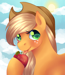 Size: 594x684 | Tagged: safe, artist:blisstox, applejack, earth pony, pony, g4, apple, female, food, obligatory apple, solo, sun, tongue out