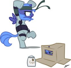Size: 1022x987 | Tagged: dead source, safe, artist:egophiliac, princess luna, pony, cardboard box, cookie, cookie jar, cosplay, cute, diabetes, female, filly, konami, metal gear, s1 luna, simple background, solid snake, solo, transparent background, woona