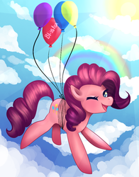 Size: 715x913 | Tagged: safe, artist:blisstox, pinkie pie, pony, g4, balloon, cloud, cloudy, female, flying, rainbow, solo, sun, then watch her balloons lift her up to the sky, wink