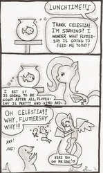Size: 883x1486 | Tagged: safe, artist:zxcvsaw, fluttershy, fish, pegasus, pony, seal, g4, betrayal, circle of life, comic, eyes closed, feeding, female, fishbowl, imminent death, mare, monochrome, solo