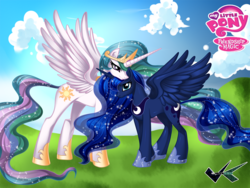 Size: 1000x750 | Tagged: safe, artist:jadenkaiba, princess celestia, princess luna, alicorn, pony, g4, cloud, crown, duo, duo female, female, hoof shoes, horn, jewelry, mare, my little pony logo, peytral, regalia, sisters, spread wings, standing, wings