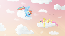 Size: 2560x1440 | Tagged: safe, artist:regolithx, fluttershy, rainbow dash, g4, cloud, cloudy, sky