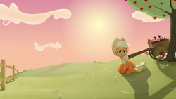 Size: 2560x1440 | Tagged: safe, artist:regolithx, applejack, earth pony, pony, g4, cart, female, fence, sitting, solo, tired, tree, wallpaper