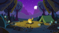 Size: 5333x3000 | Tagged: safe, artist:boneswolbach, g4, .svg available, background, bonfire, bush, fire, flower, forest, full moon, grass, moon, mountain, night, night sky, no pony, rock, sky, starry night, tent, tree, vector