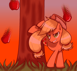 Size: 998x932 | Tagged: safe, artist:bluiceyy, applejack, earth pony, pony, g4, apple, applebucking, applejack mid tree-buck facing the right with 3 apples falling down, applejack mid tree-buck with 3 apples falling down, falling, female, food, solo