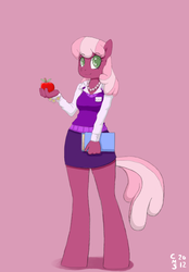Size: 719x1033 | Tagged: dead source, source needed, useless source url, safe, artist:crabmeatstick, cheerilee, earth pony, anthro, unguligrade anthro, g4, apple, book, bracelet, clothes, female, jewelry, necklace, shirt, skirt, smiling, solo, tube skirt