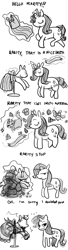 Size: 640x2352 | Tagged: safe, artist:laura frick, opalescence, rarity, cat, pony, unicorn, g4, bow, clothes, comic, dress, dress form, dressmaking, eyes closed, food, gem, glue, grayscale, magic, monochrome, muffin, slice of pizza, telekinesis